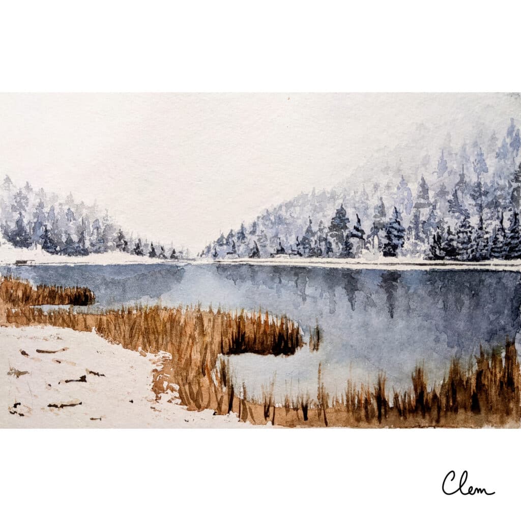 Aquarelle d'un paysage hivernal : le lac de Tueda à Méribel, et une forêt enneigée