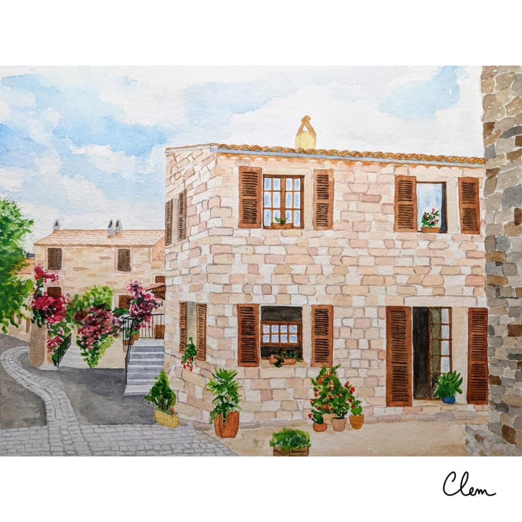 Aquarelle d'une maison corse, près de l'île Rousse