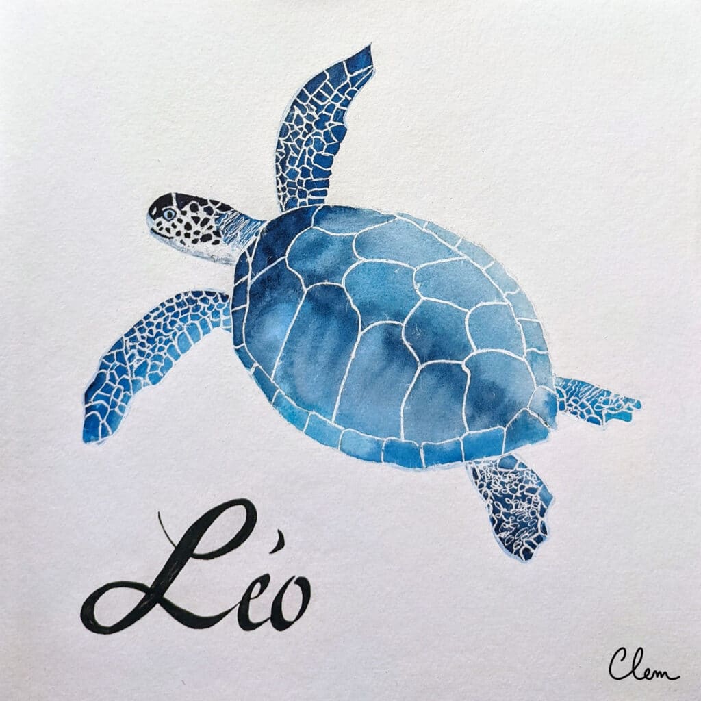 Aquarelle peinte à la main d'une tortue géante bleue pour Léo