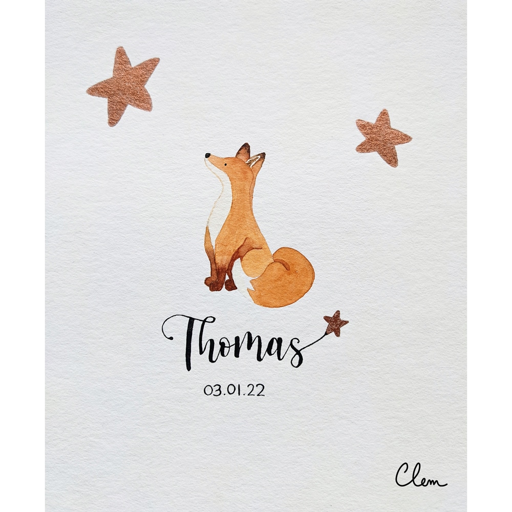 Illustration d'un renard à l'aquarelle qui regarde des étoiles. Calligraphie du prénom "Thomas" pour la naissance d'un petit garçon.