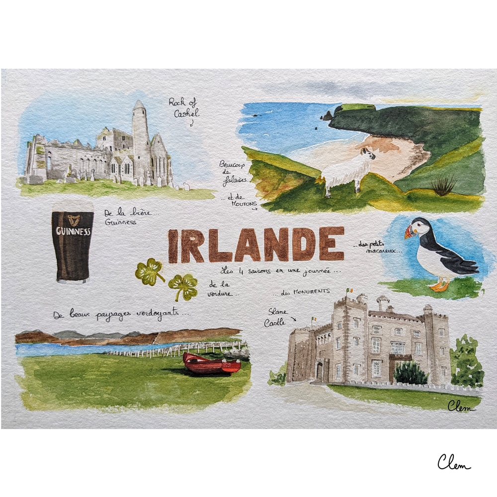 Peinture à l'aquarelle d'une planche sur le thème de l'Irlande, avec des paysages typiques et des chateaux, une guinness, un macareux, un mouton