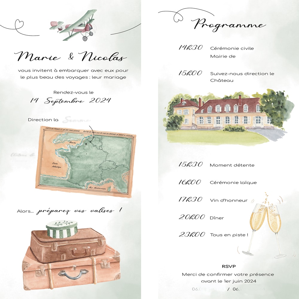 Faire-part de mariage recto-verso avec 5 aquarelles peintes à la main sur le thème du voyage