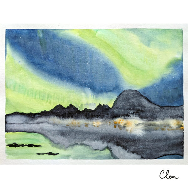 Aquarelle originale d'une aurore boréale verte, dans les montagnes scandinaves.